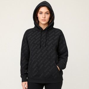 Sisters Apparel Womens M Black Hoodie‎ Pullover Allover Logo Spellout Gothic